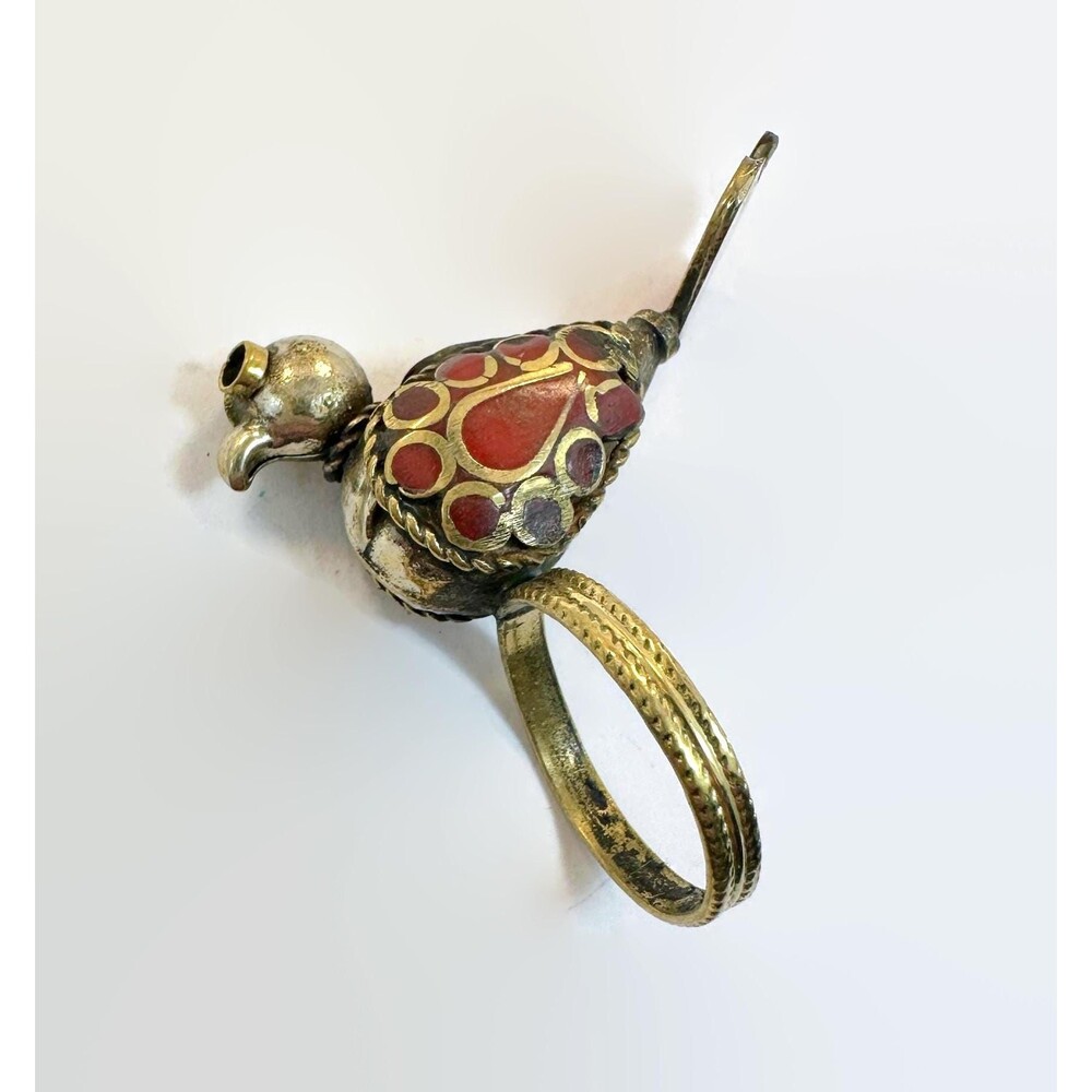 Vintage, Bird Ring, Middle Eastern: Afghan, Red Enameled Ethnic Boho Mixed Metal